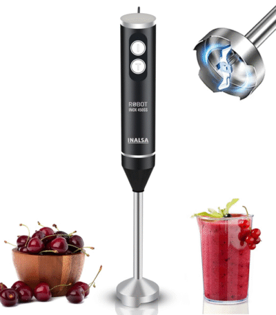 Inalsa Stainless Steel Electric Hand Blender with 450W Powerful DC Motor|Variable & Turbo Speed|Super Silent|Ultra Sharp SS Blade & Detachable Stem|Chop-Robot Inox 450 SS