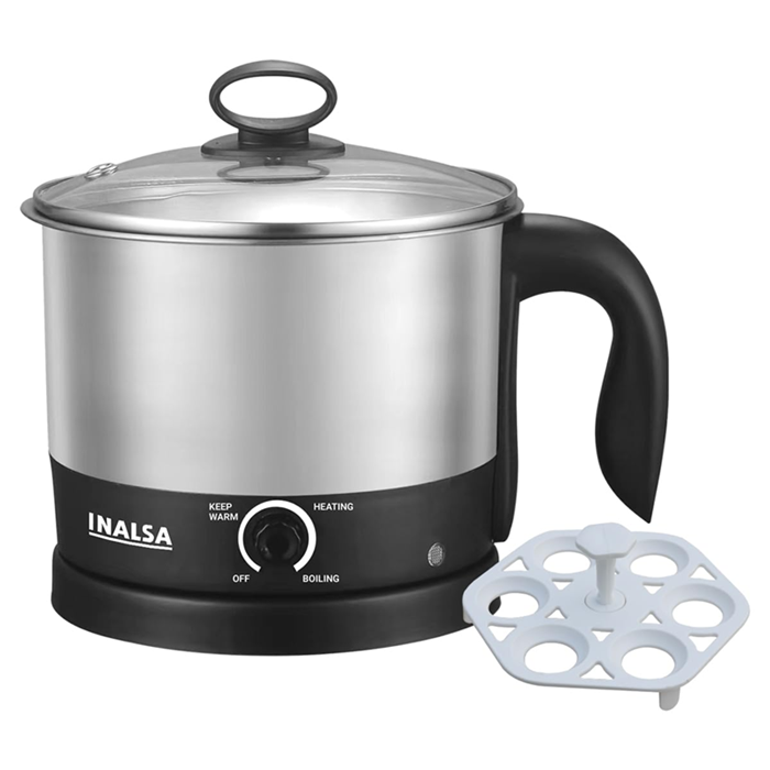 INALSA Stainless Steel Kettle 1.5 Litre|700 Watt|Cooking Kettle|3 Heating Modes| Rapid Boil Technology|See Through Lid| Over-Heat & Boil Dry Protection|Boil Water, Milk,(MultiCook Nu)