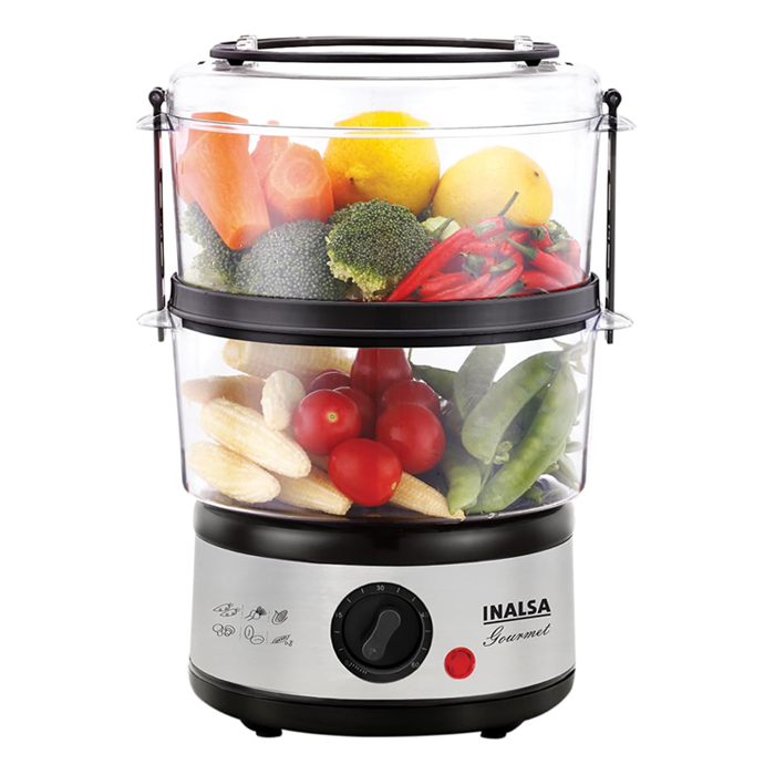 Inalsa 5L Gourmet Multi-Function 500W-Food Steamer & Egg Boiler with LED Indicator,BPA-Free 2 Tier Stackable Baskets,Stainless Steel Base,Fits 14 Eggs in One Go (Black/Silver)