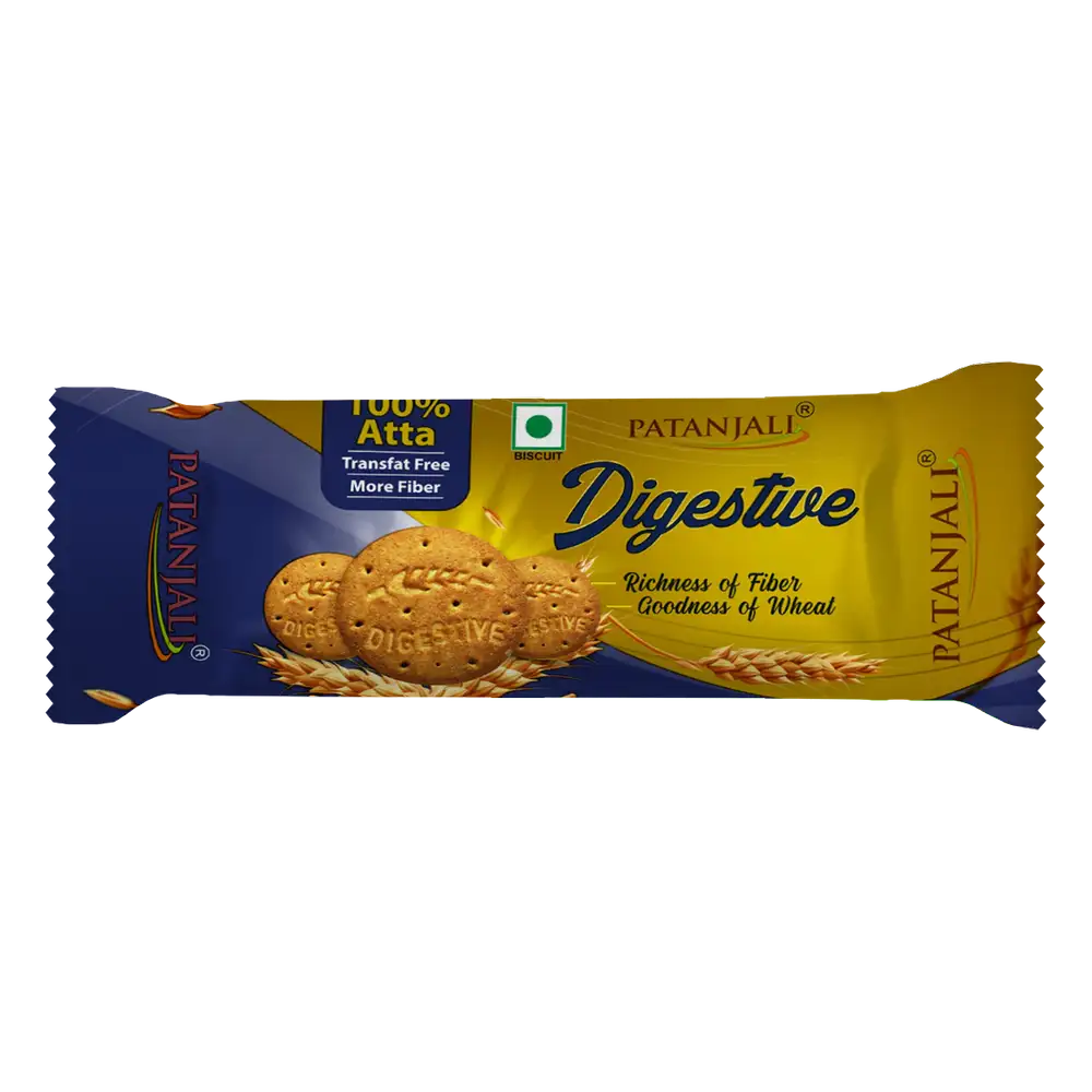sku3098 (Patanjali Digestive Biscuits 100g pack front view) Patanjali biscuits with bran and atta close view