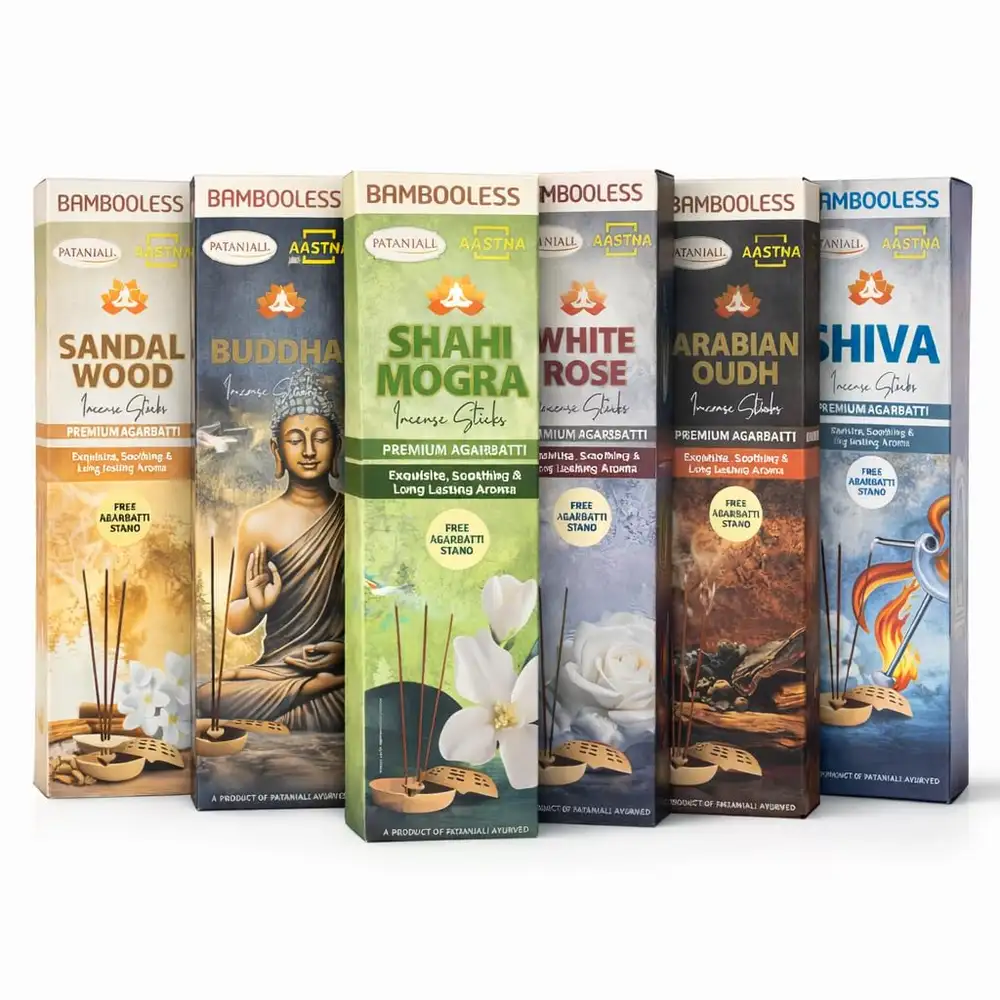 Patanjali Aastha Bambooless (without stick) Agarbatti Premium Incense Sticks with Free Stand in every Packet | Arabian Oudh, Buddha, Rama, Shiva, White Rose & Classic